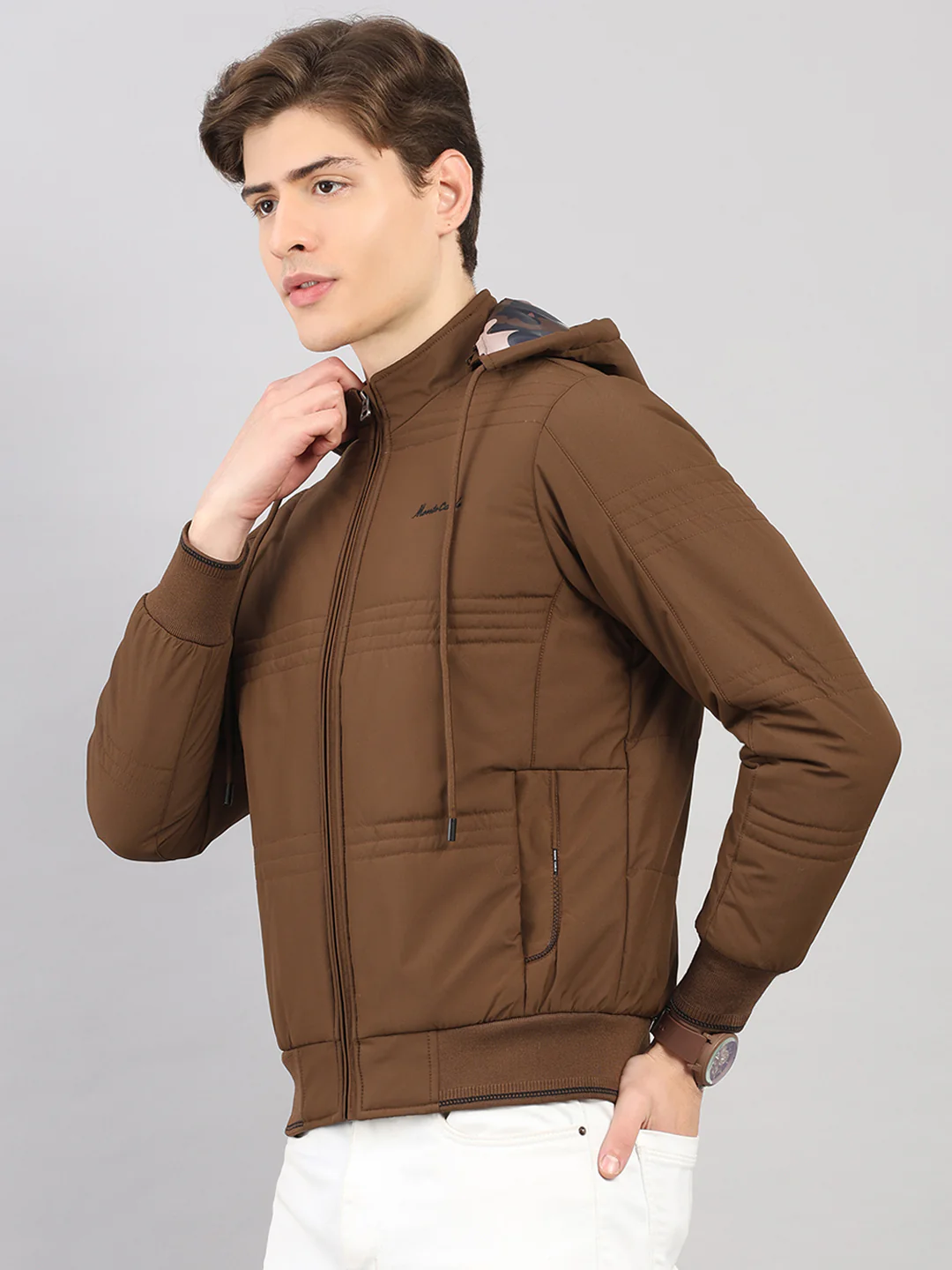 Men Brown Solid Hooded Full Sleeve Jacket - Image 3