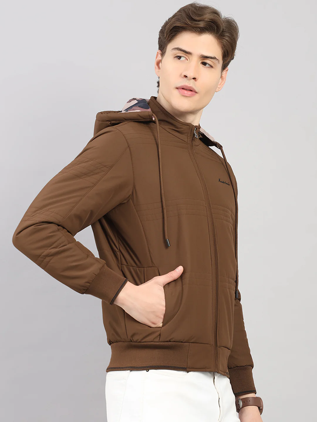 Men Brown Solid Hooded Full Sleeve Jacket - Image 4