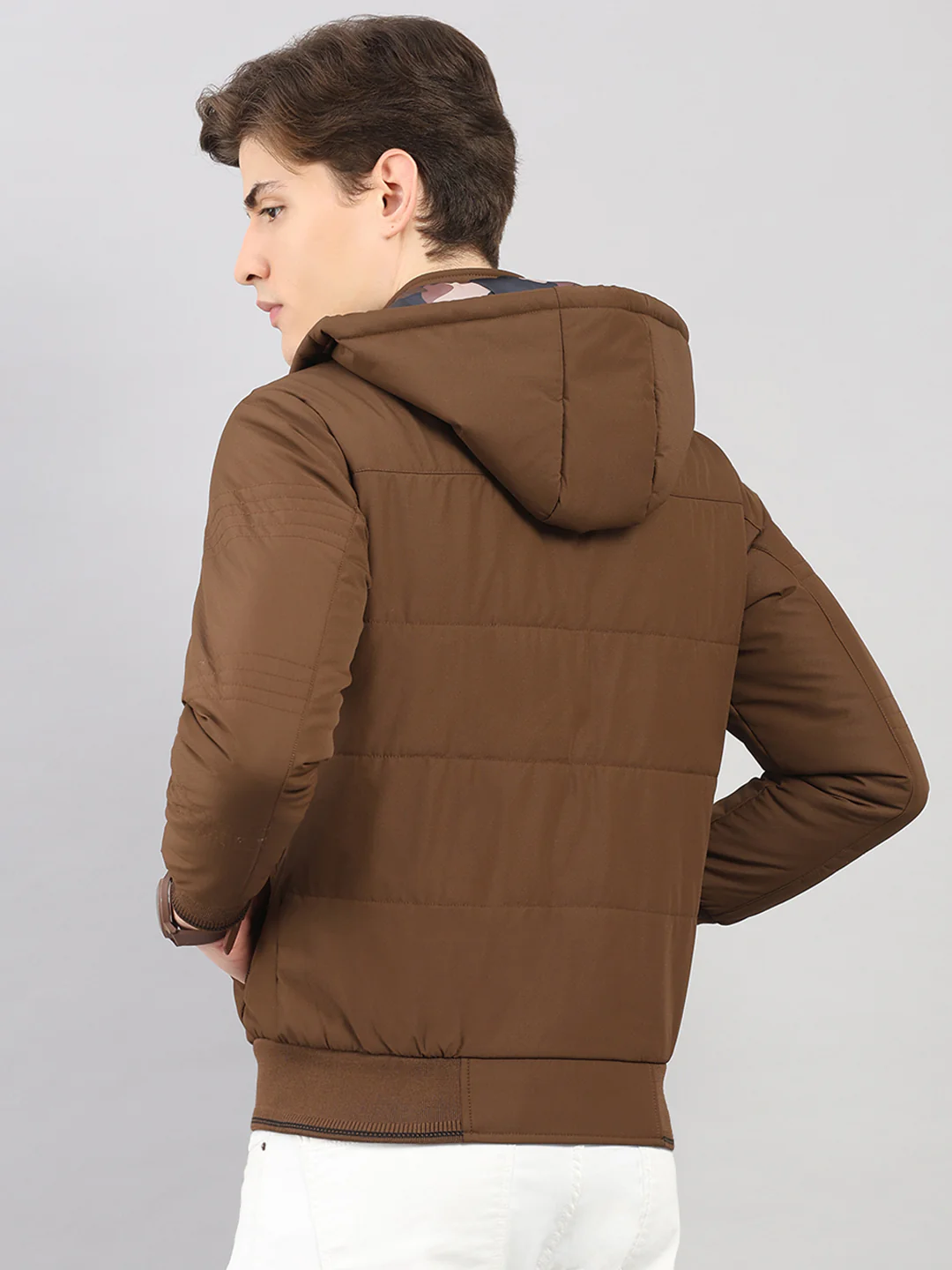Men Brown Solid Hooded Full Sleeve Jacket - Image 5