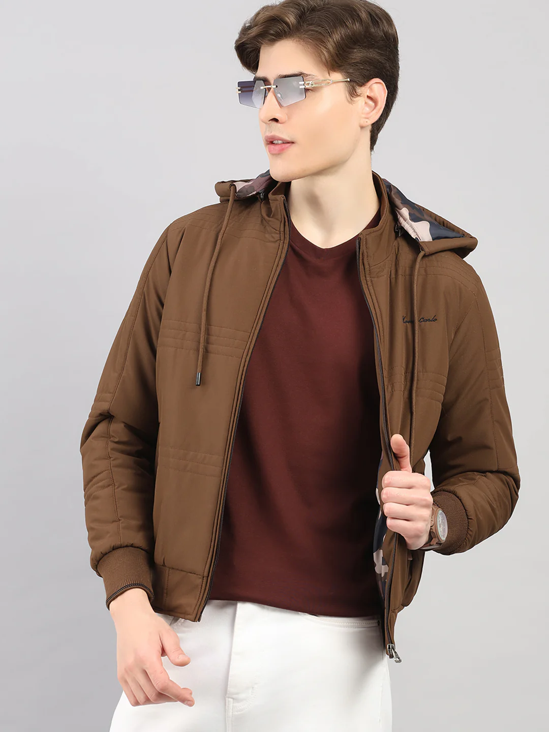 Men Brown Solid Hooded Full Sleeve Jacket - Image 6