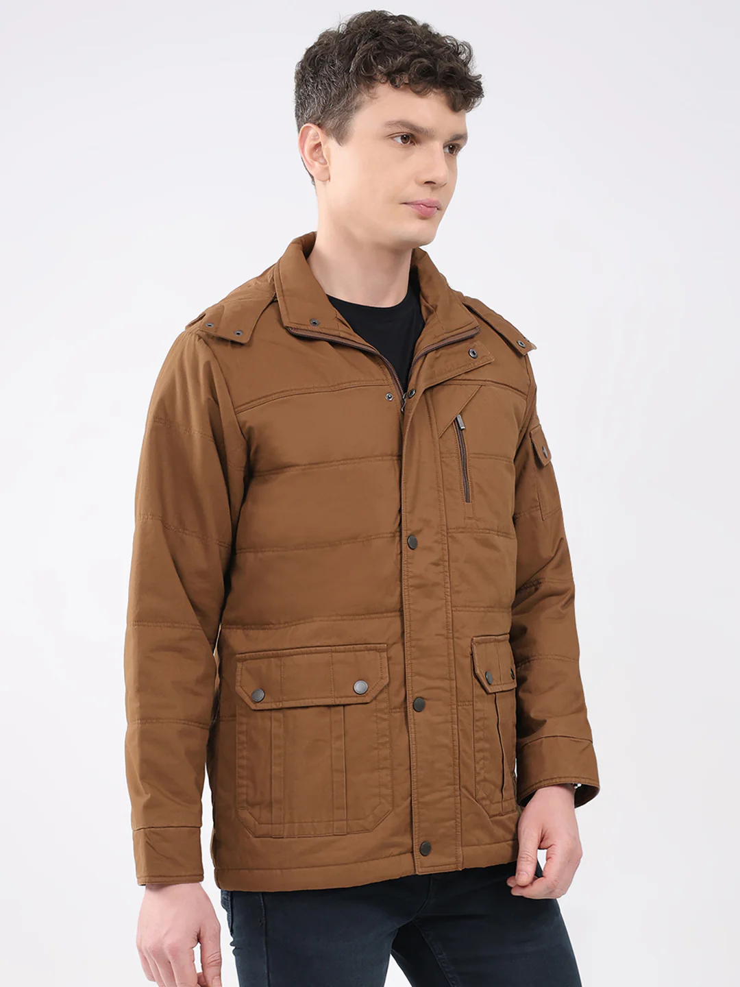 Men Brown Solid Hooded Full Sleeve Jacket - Image 4