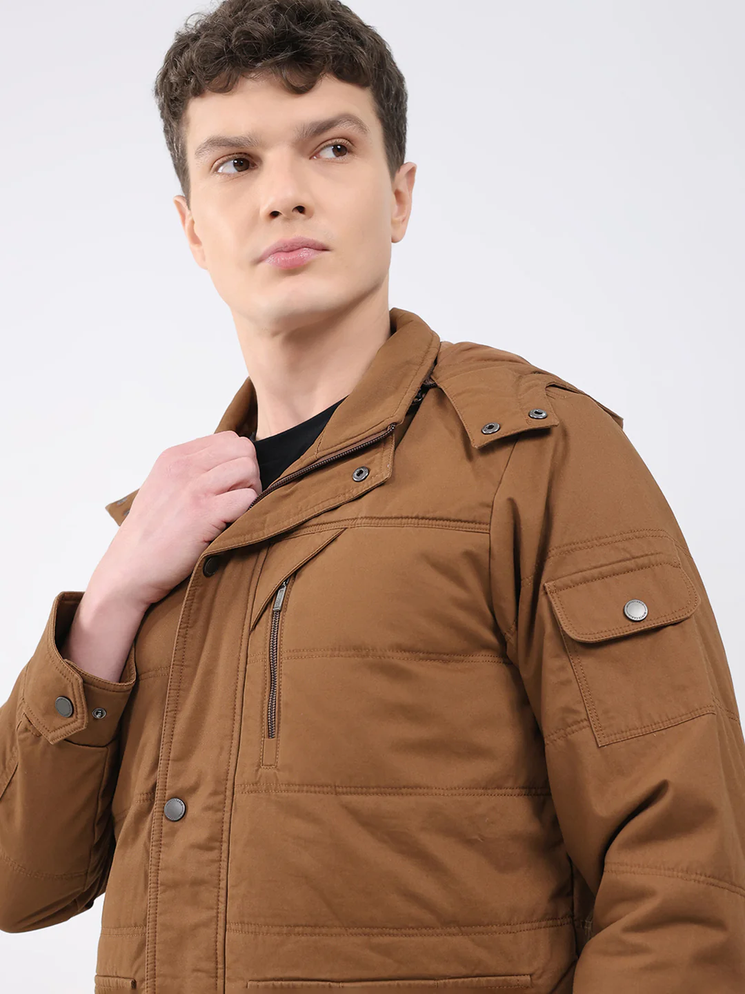 Men Brown Solid Hooded Full Sleeve Jacket - Image 6