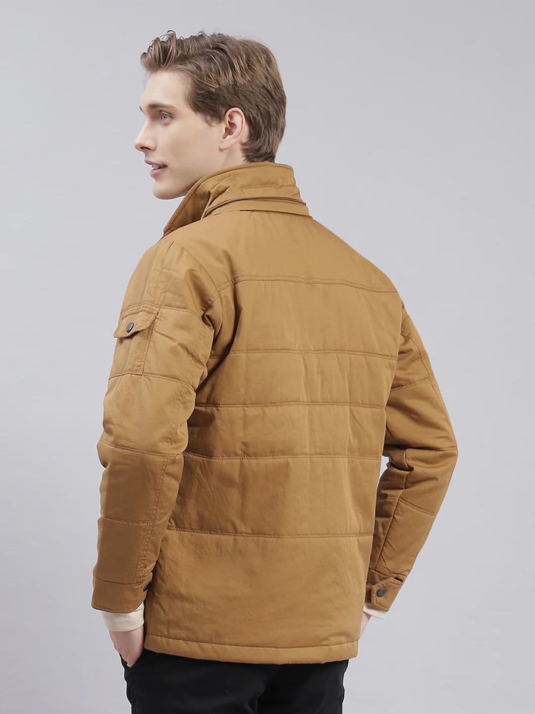 Men Brown Solid Hooded Full Sleeve Jackets - Image 3