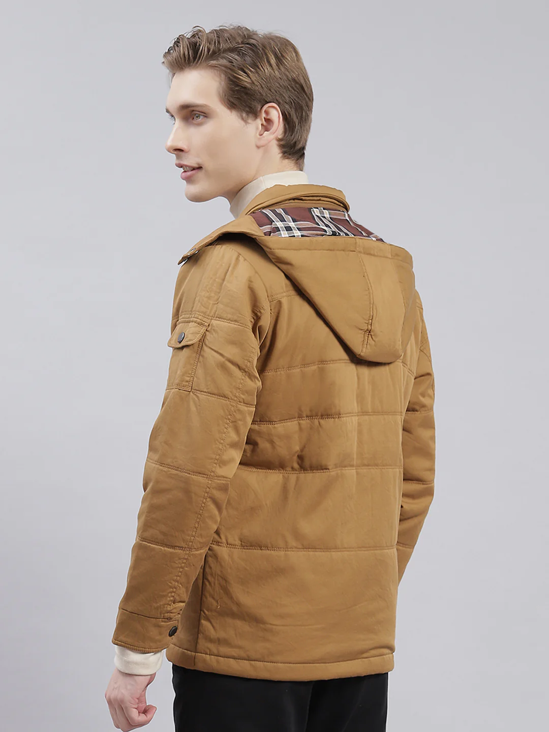 Men Brown Solid Hooded Full Sleeve Jackets - Image 6