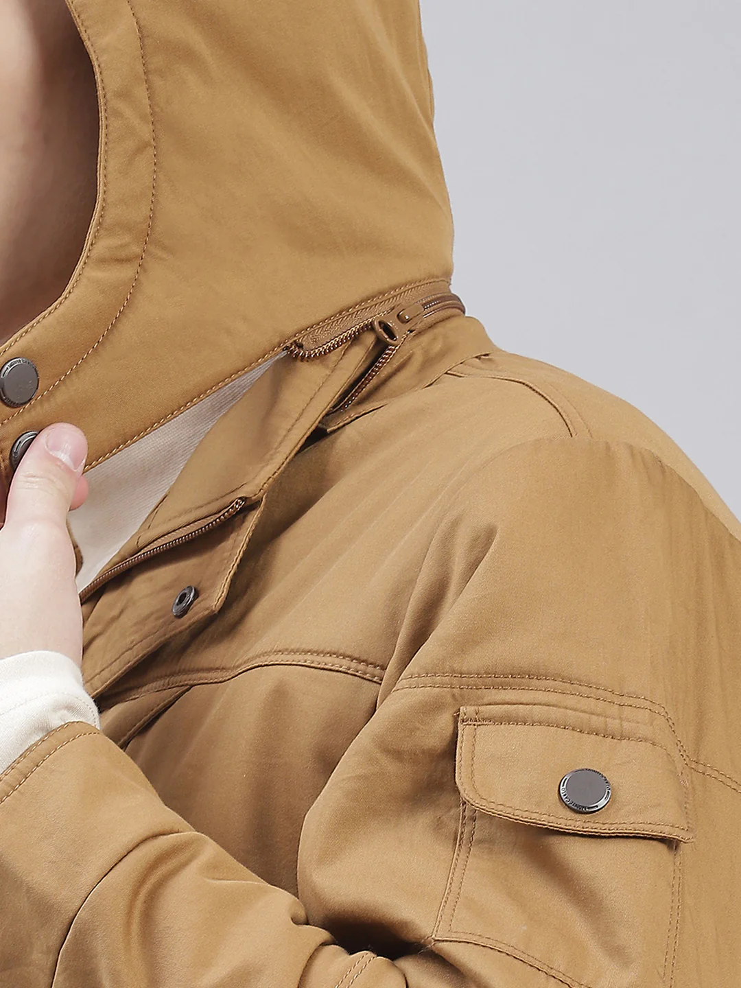 Men Brown Solid Hooded Full Sleeve Jackets - Image 8
