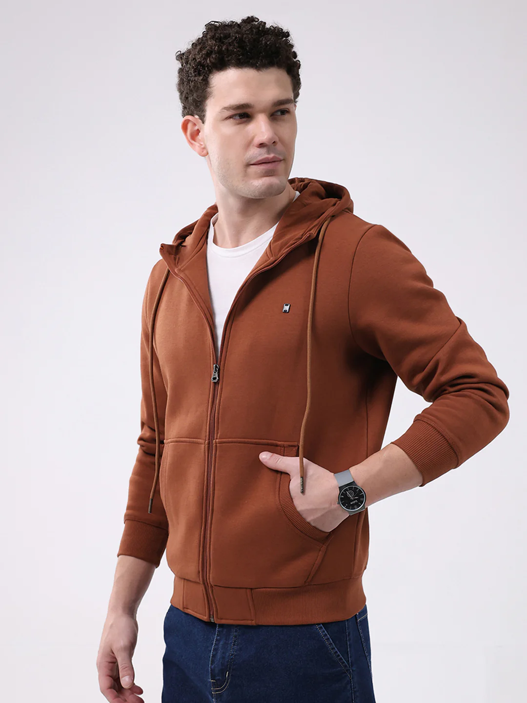 Men Brown Solid Hooded Full Sleeve Sweatshirt - Image 3