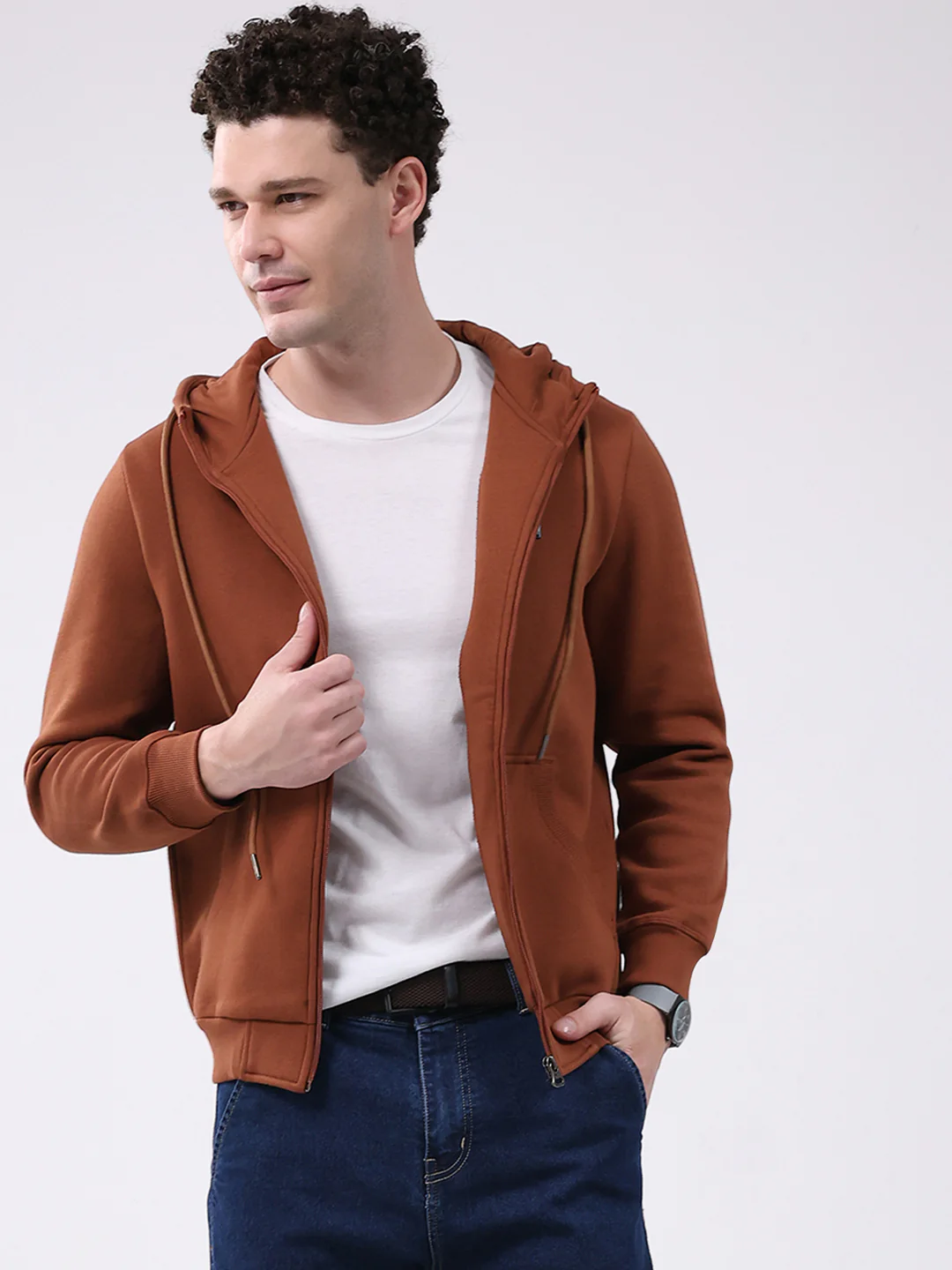 Men Brown Solid Hooded Full Sleeve Sweatshirt - Image 6