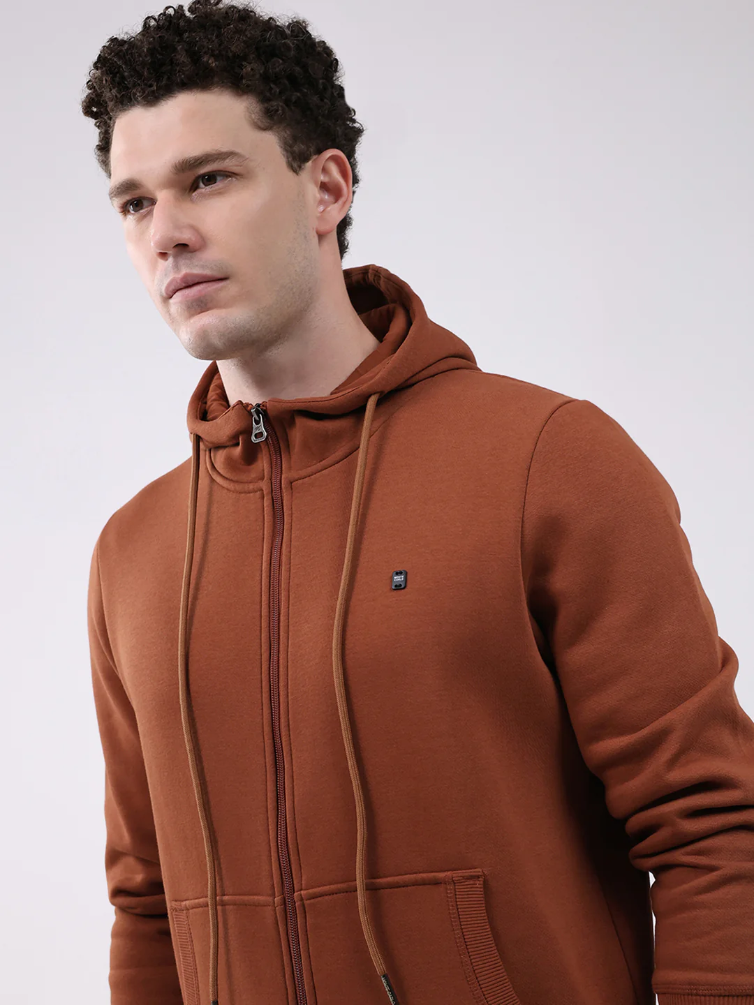 Men Brown Solid Hooded Full Sleeve Sweatshirt - Image 7