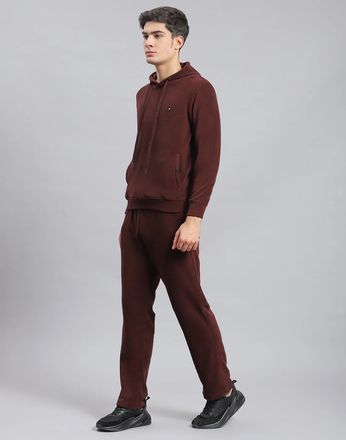Men Brown Solid Hooded Full Sleeve Tracksuit - Image 3