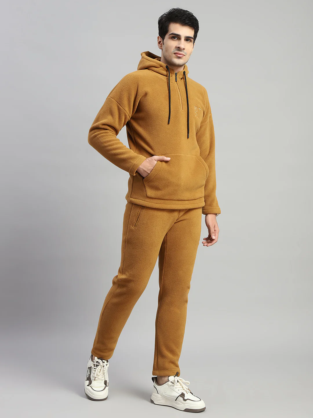 Rock.it Men Brown Solid Hooded Full Sleeve Winter Tracksuit - Image 4