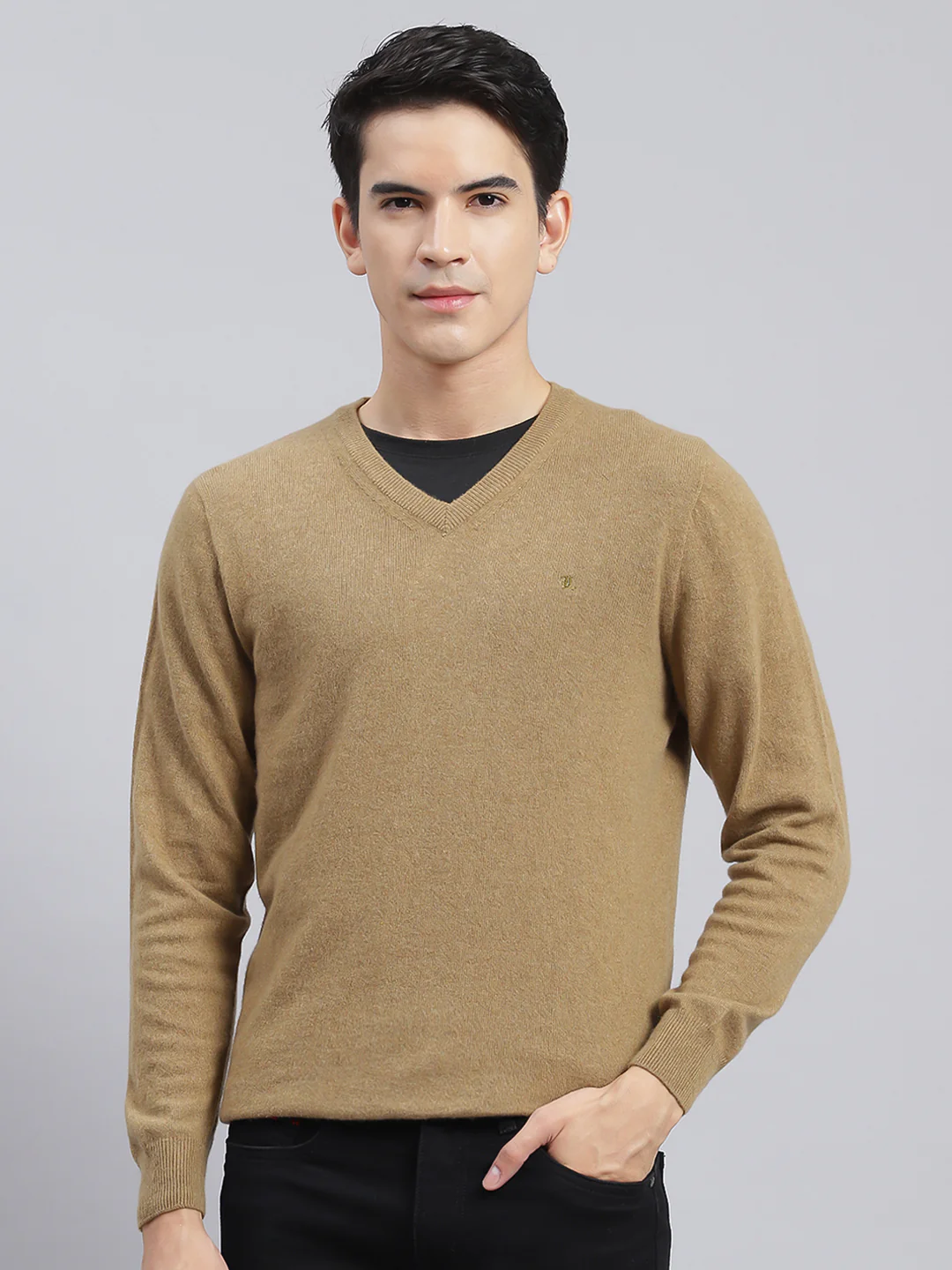 Men Brown Solid Lamb wool Pullover - Image 2