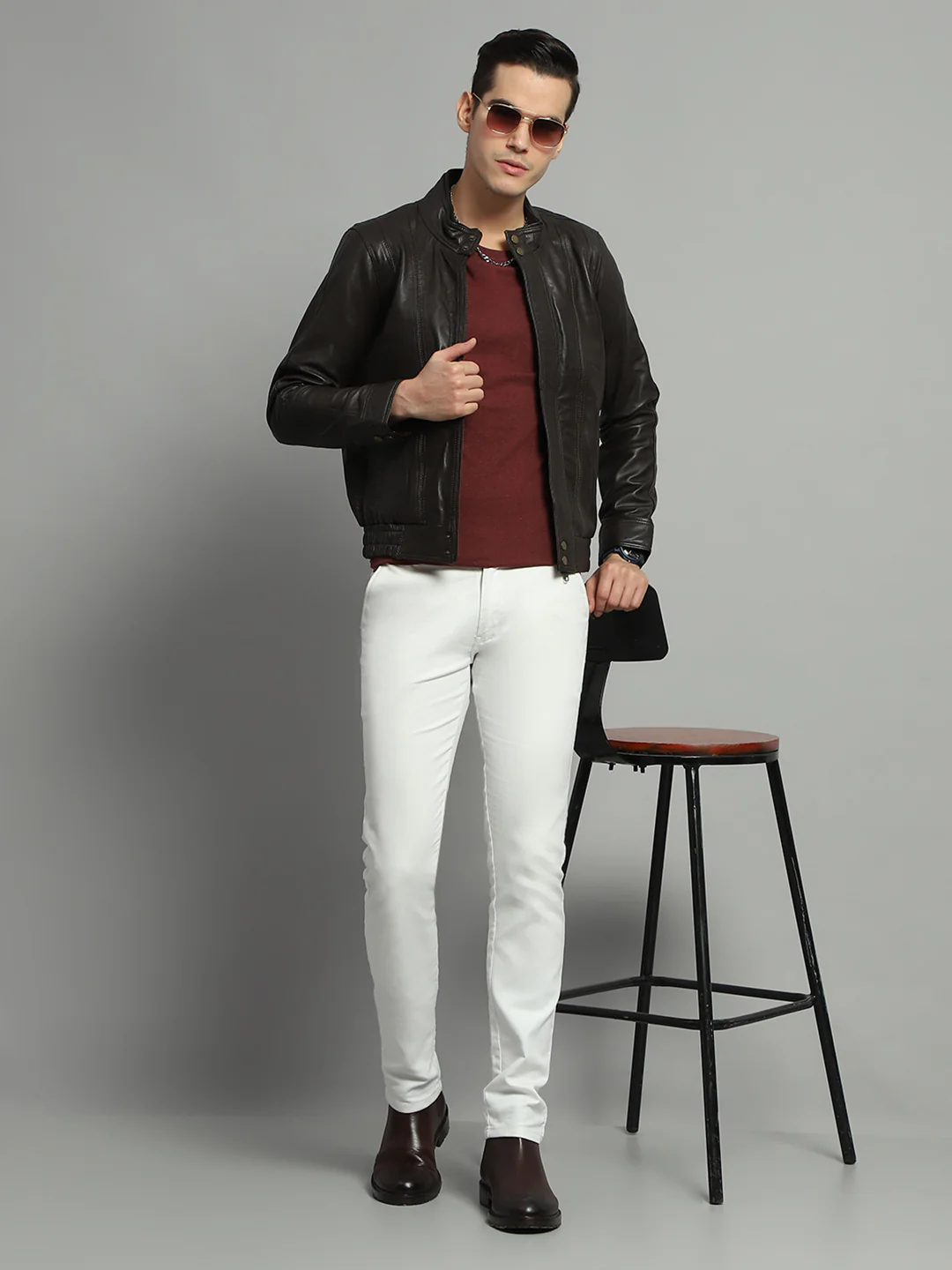 Luxuria Men Brown Solid Mock Neck Full Sleeve Leather Jacket - Image 2
