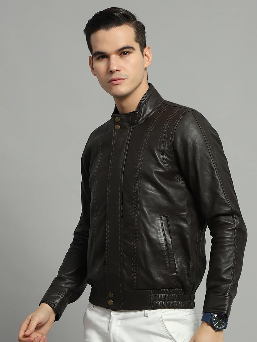 Luxuria Men Brown Solid Mock Neck Full Sleeve Leather Jacket - Image 3