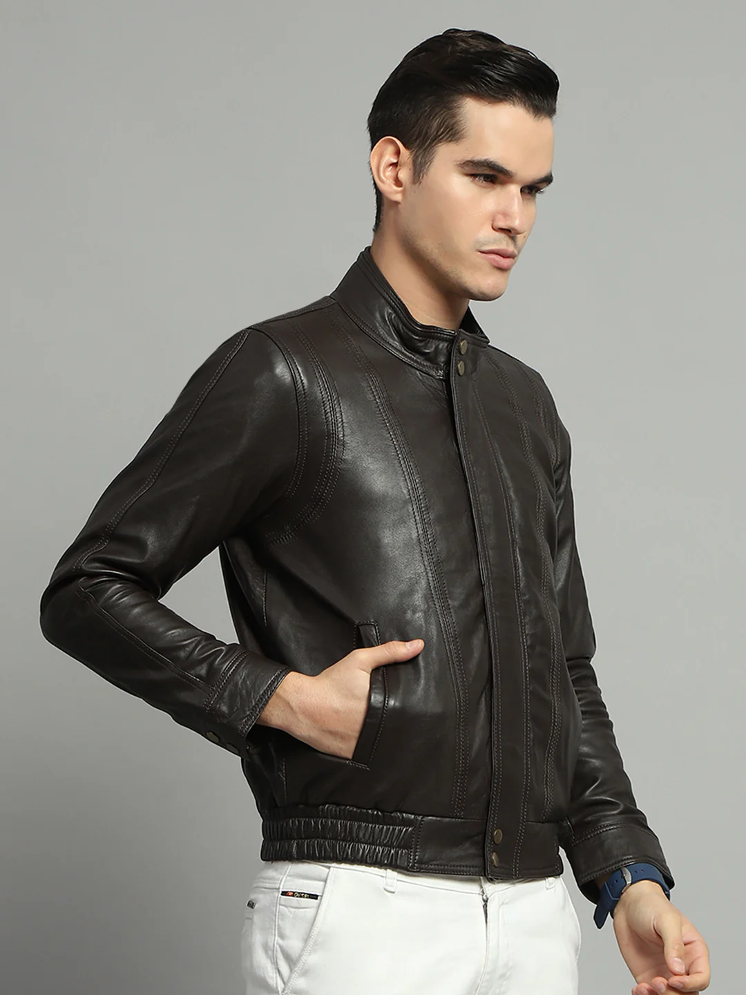 Luxuria Men Brown Solid Mock Neck Full Sleeve Leather Jacket - Image 4