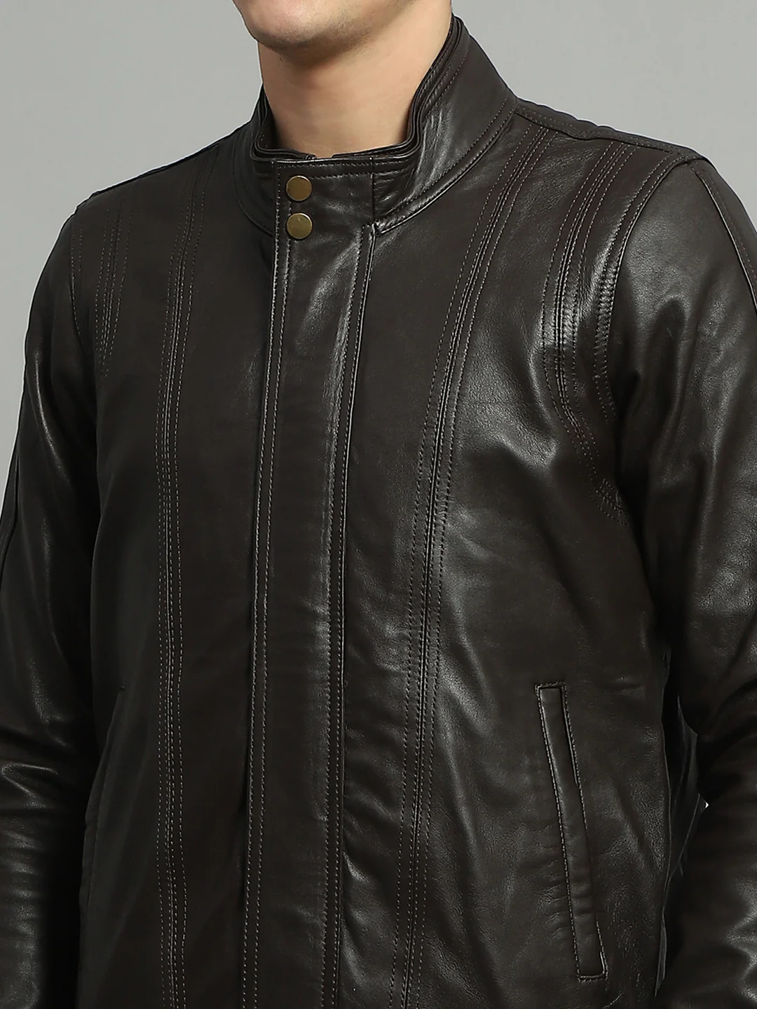 Luxuria Men Brown Solid Mock Neck Full Sleeve Leather Jacket - Image 7