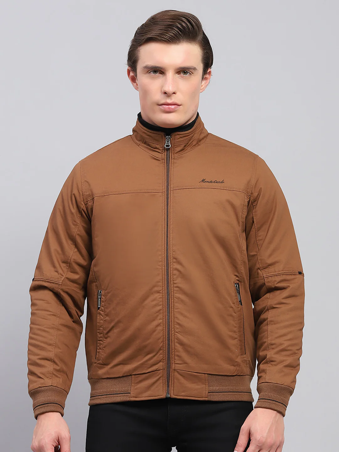 Men Brown Solid Mock Neck Full Sleeve Jacket