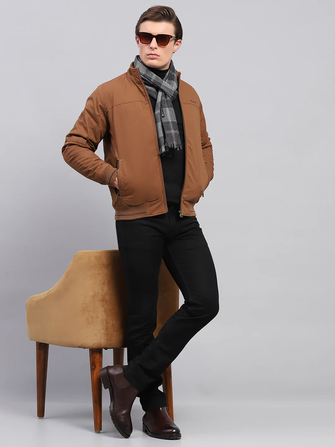 Men Brown Solid Mock Neck Full Sleeve Jacket - Image 2