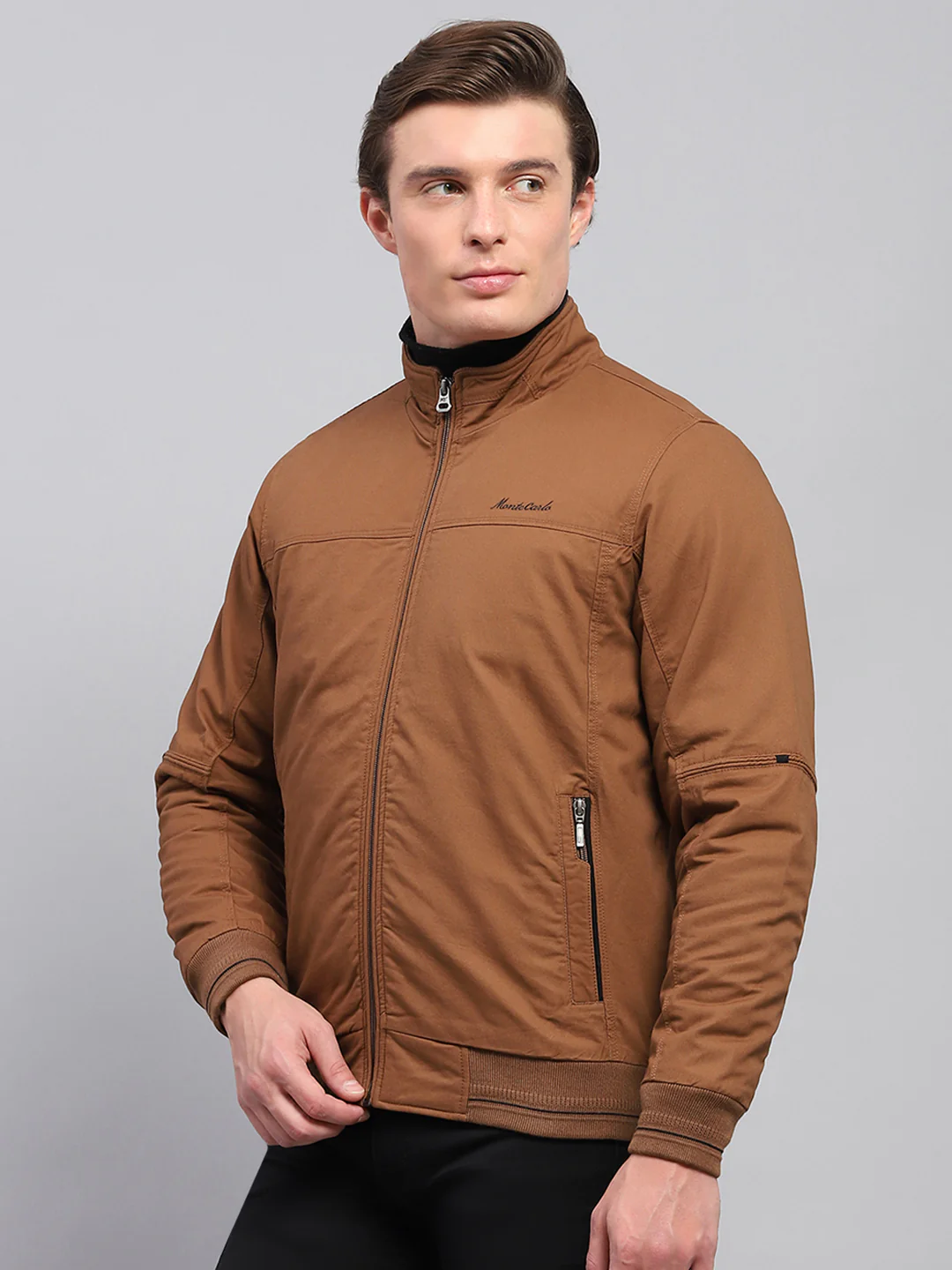 Men Brown Solid Mock Neck Full Sleeve Jacket - Image 3