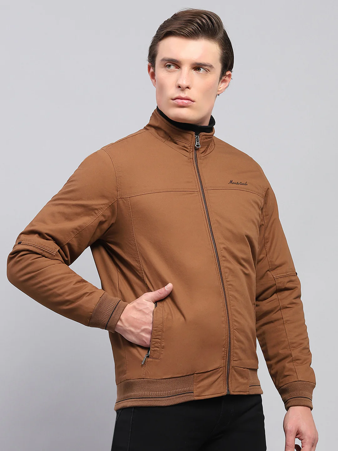 Men Brown Solid Mock Neck Full Sleeve Jacket - Image 4