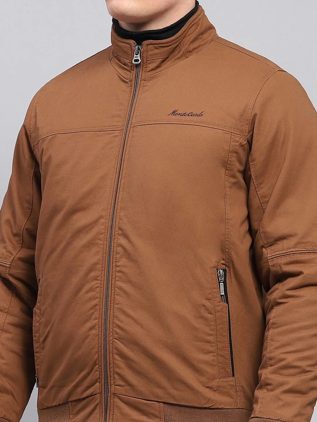 Men Brown Solid Mock Neck Full Sleeve Jacket - Image 6