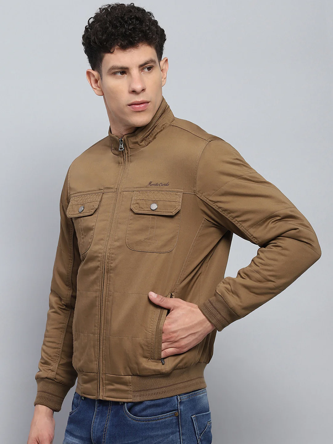 Men Brown Solid Mock Neck Full Sleeve Jacket - Image 3