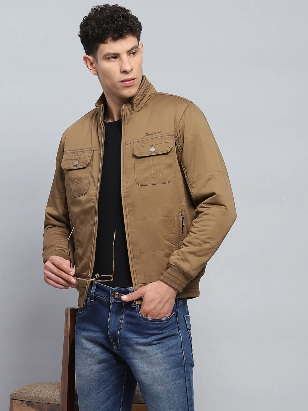 Men Brown Solid Mock Neck Full Sleeve Jacket - Image 6