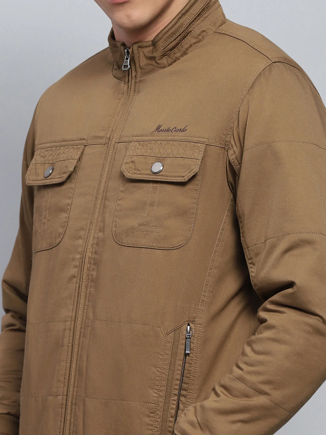 Men Brown Solid Mock Neck Full Sleeve Jacket - Image 7