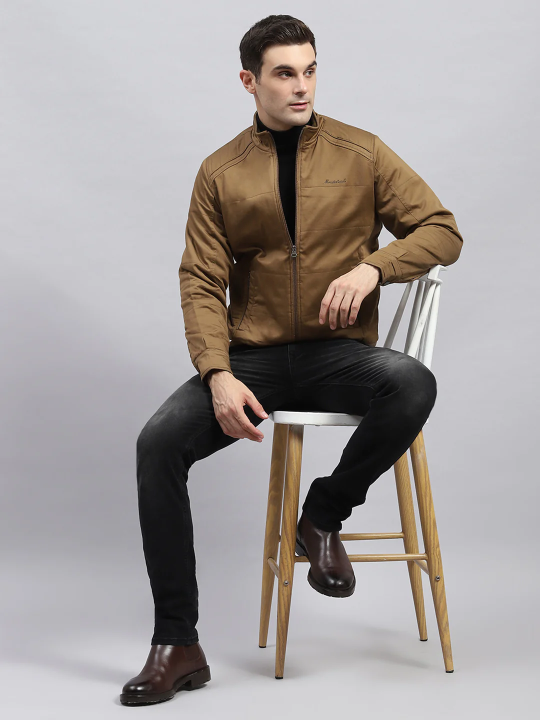 Men Brown Solid Mock Neck Full Sleeve Jacket - Image 2