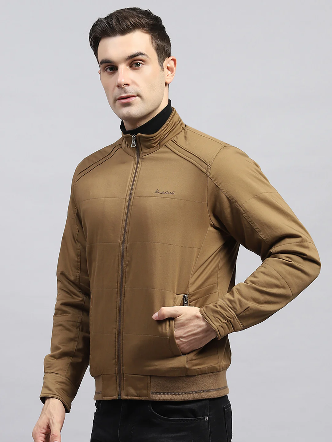 Men Brown Solid Mock Neck Full Sleeve Jacket - Image 3