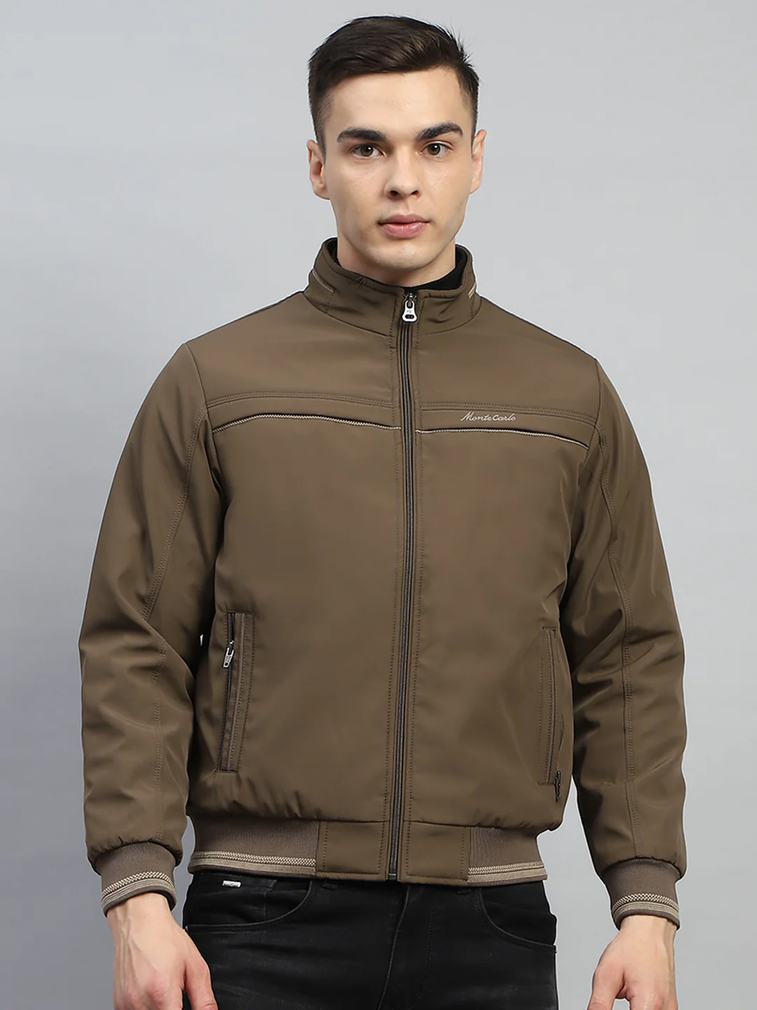Men Brown Solid Mock Neck Full Sleeve Jacket