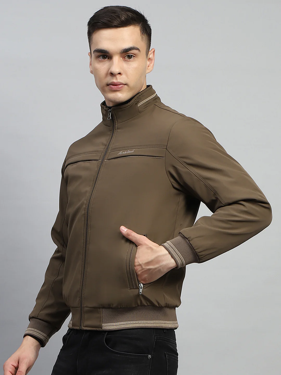 Men Brown Solid Mock Neck Full Sleeve Jacket - Image 3