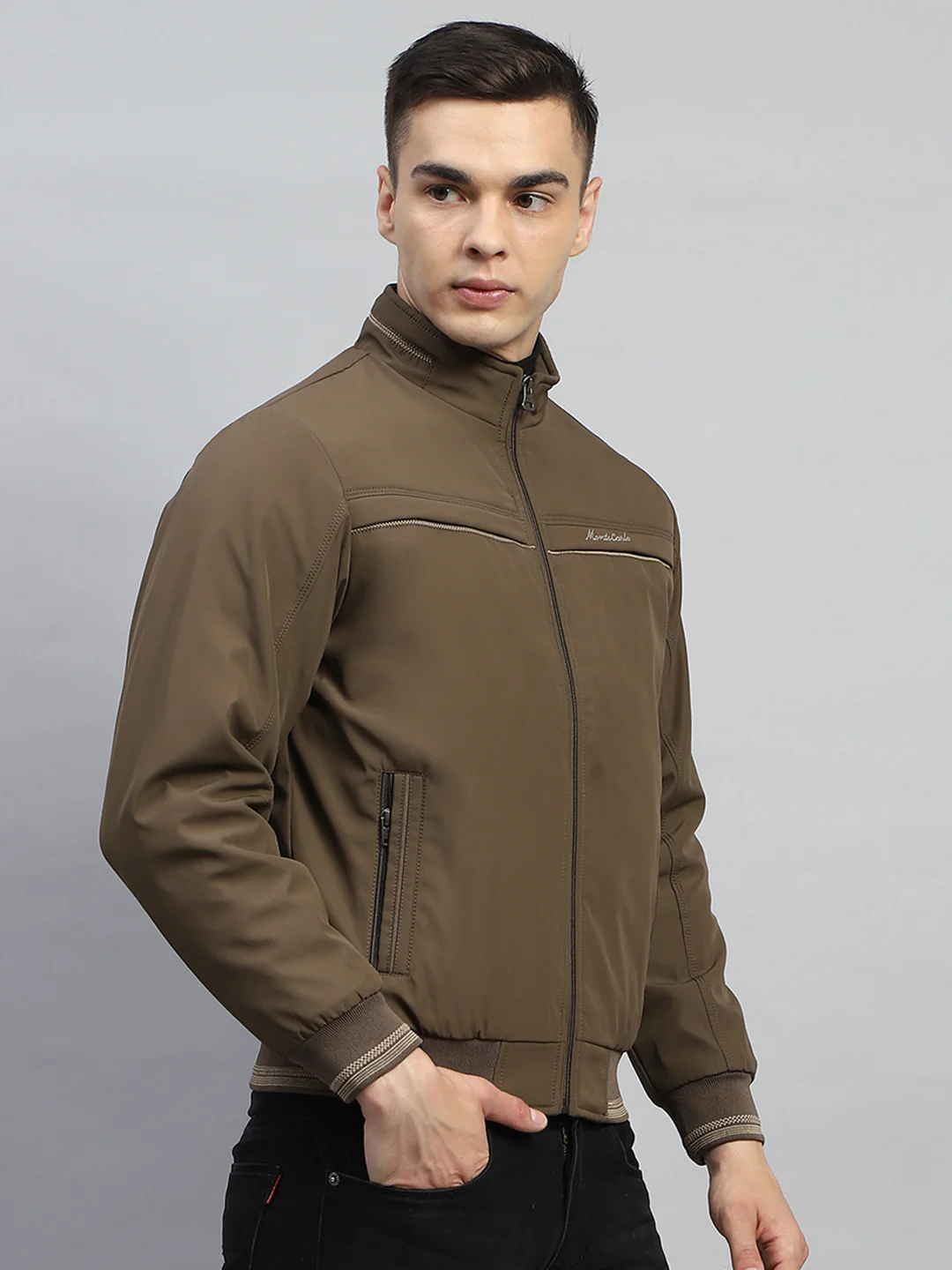 Men Brown Solid Mock Neck Full Sleeve Jacket - Image 4