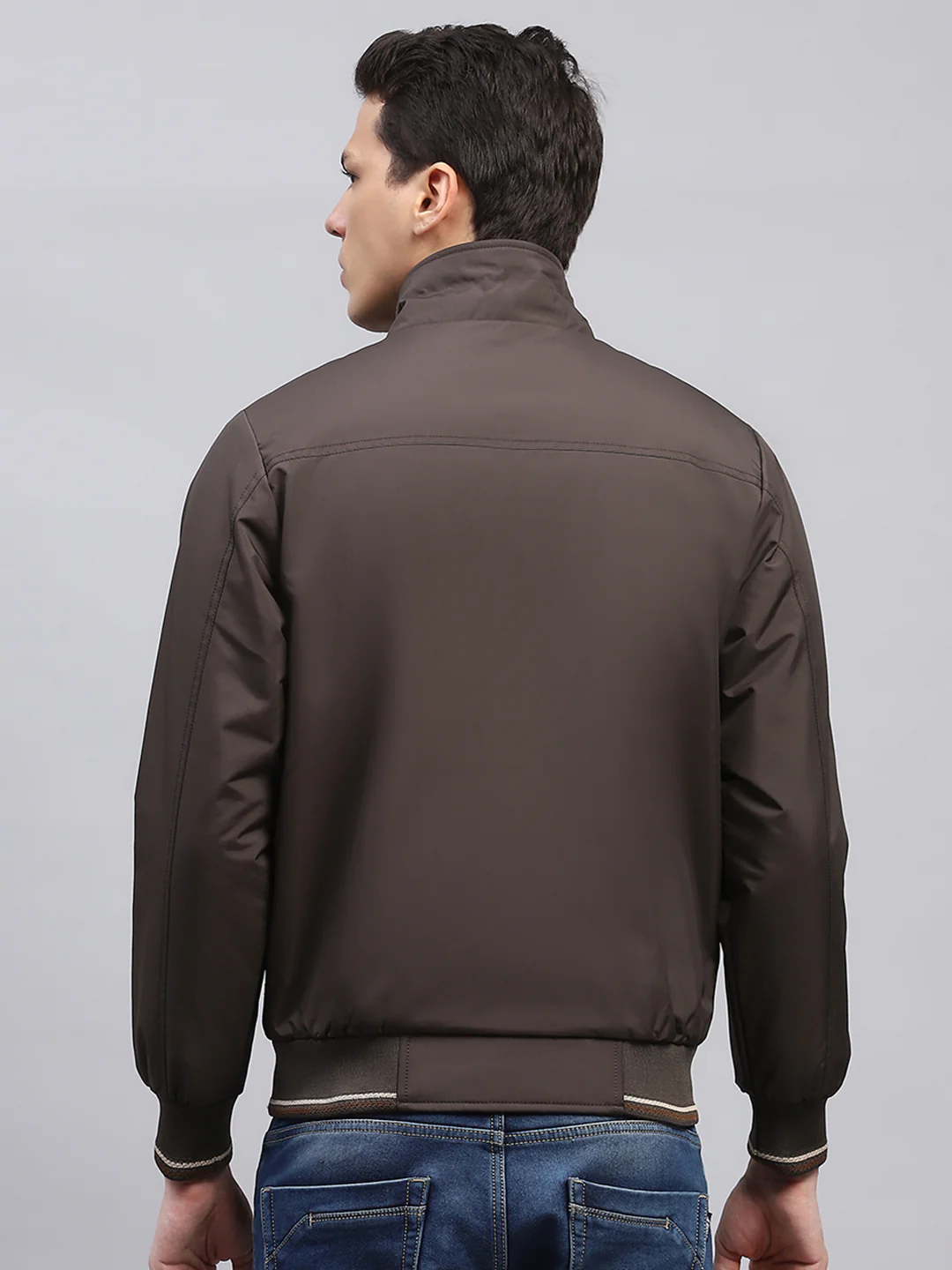 Men Brown Solid Mock Neck Full Sleeve Jacket - Image 5