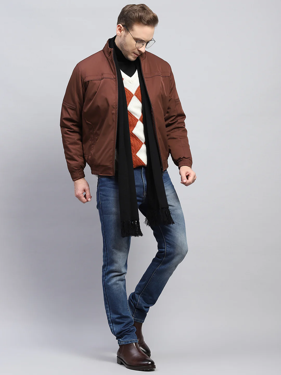 Men Brown Solid Mock Neck Full Sleeve Jacket - Image 2