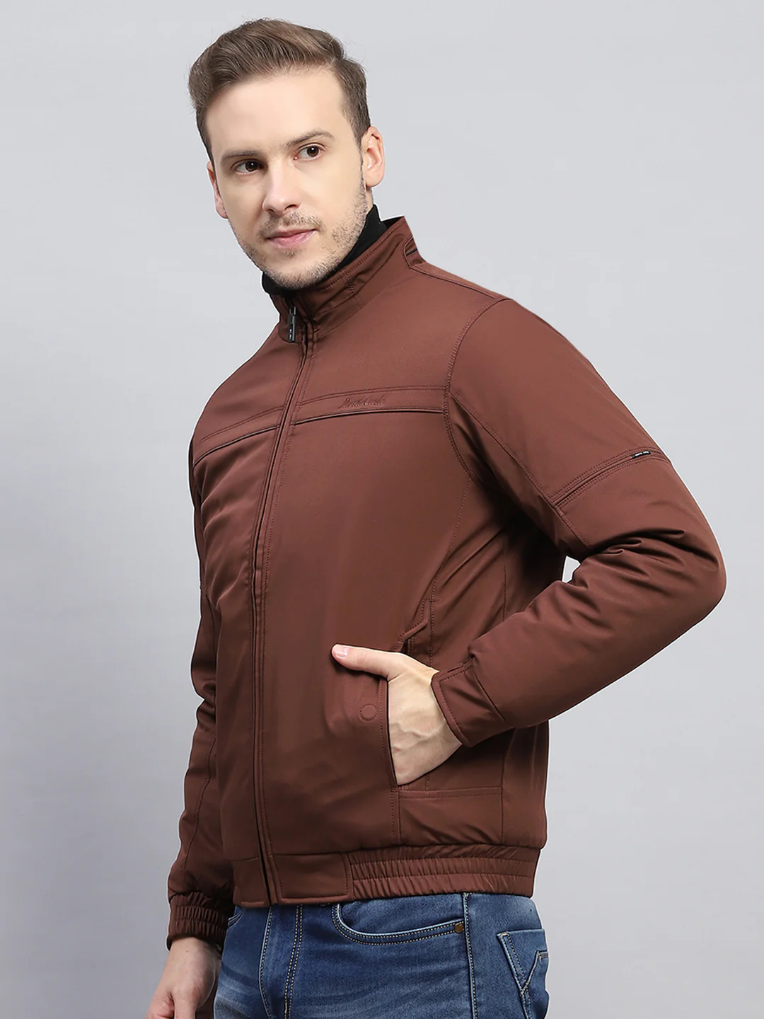 Men Brown Solid Mock Neck Full Sleeve Jacket - Image 3