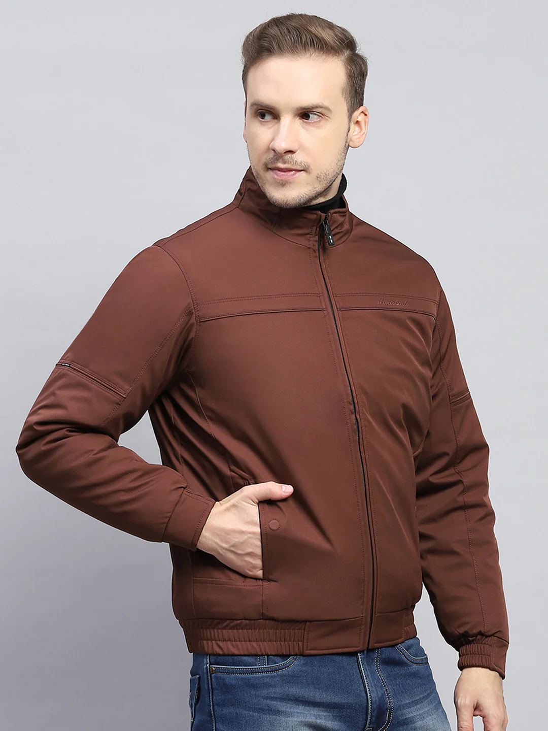 Men Brown Solid Mock Neck Full Sleeve Jacket - Image 4