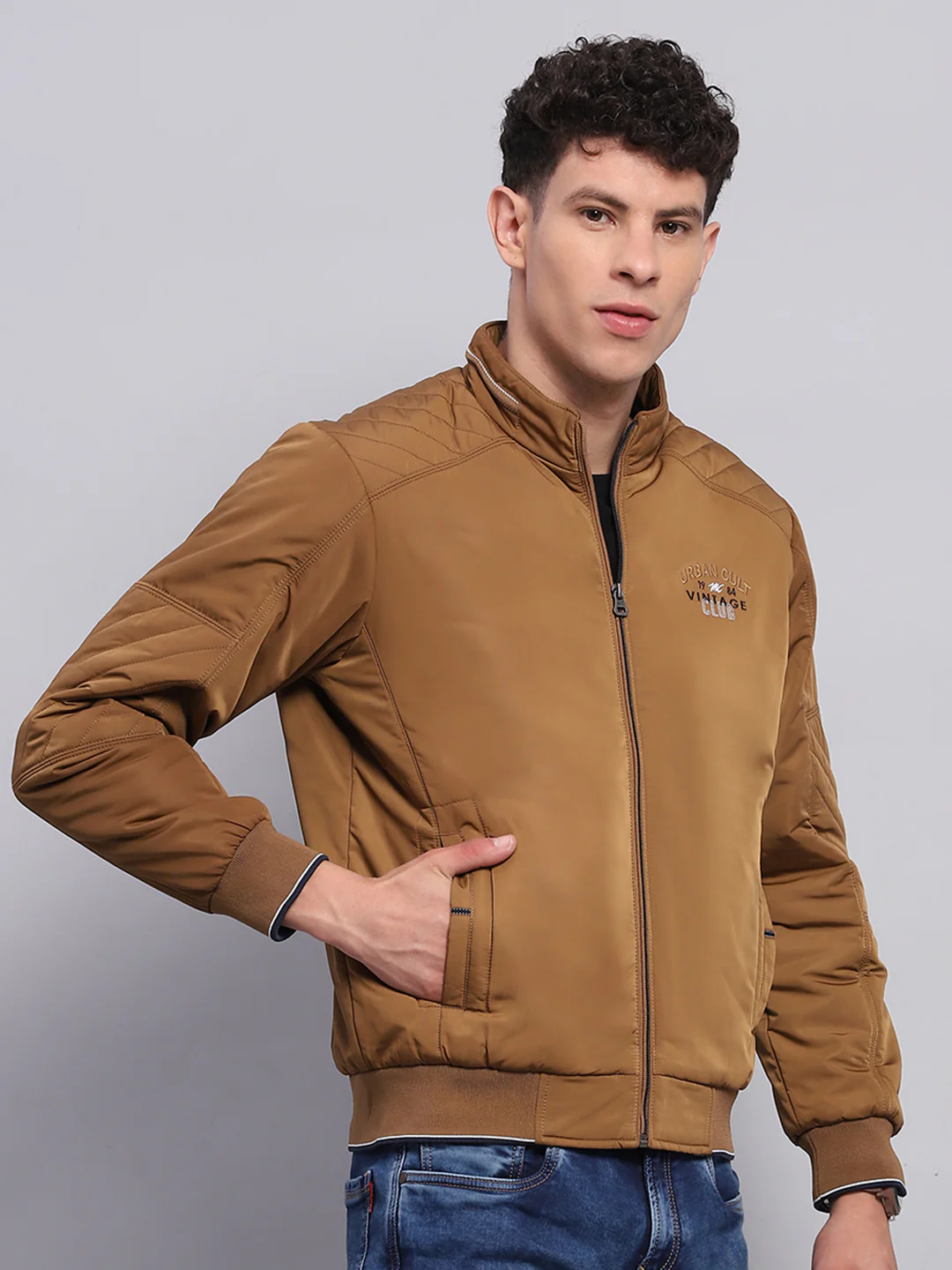Men Brown Solid Mock Neck Full Sleeve Jacket - Image 4