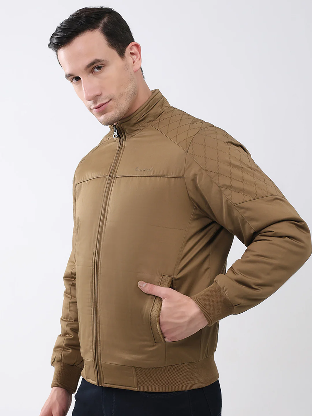 Men Brown Solid Mock Neck Full Sleeve Jacket - Image 3