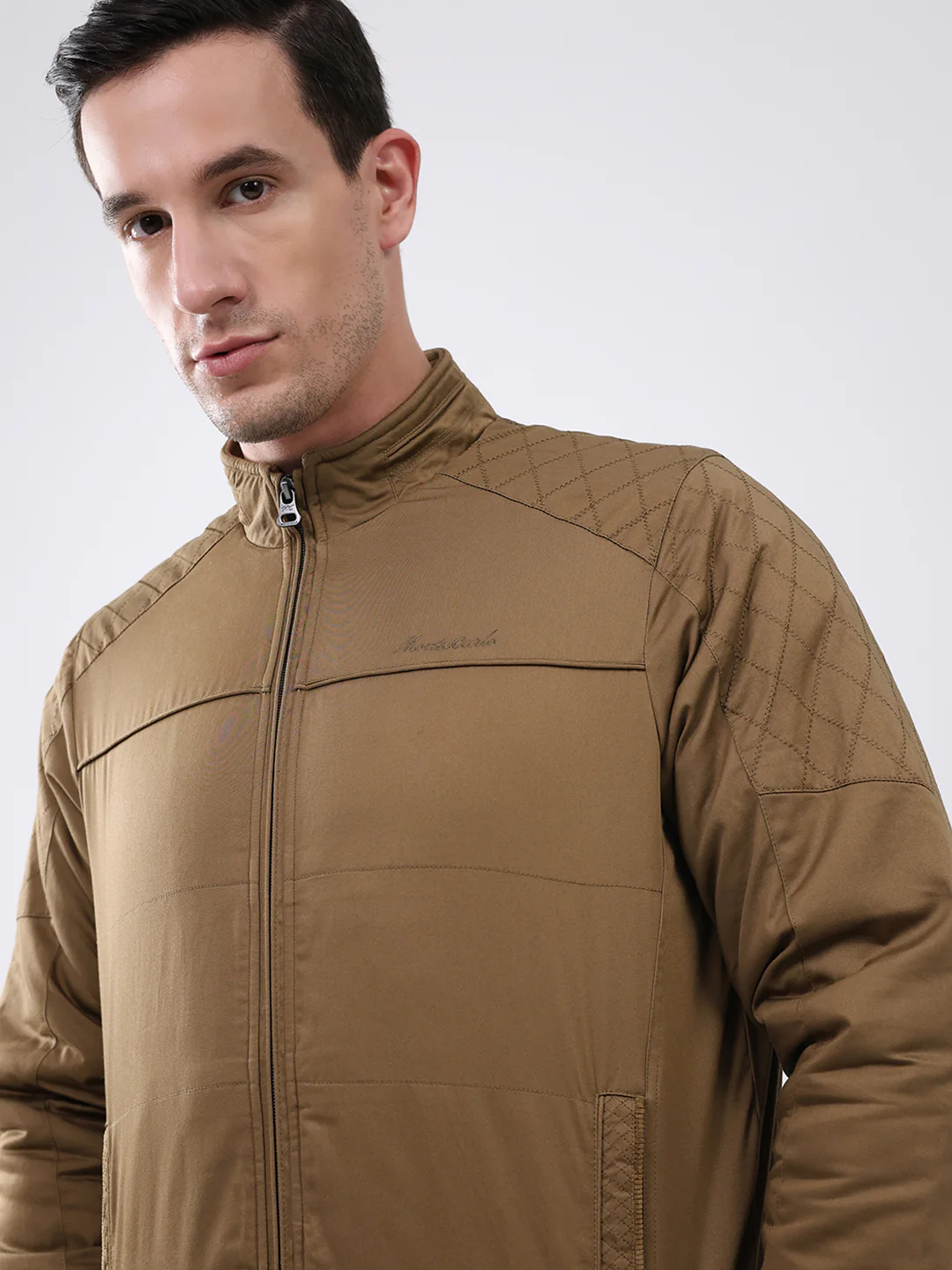 Men Brown Solid Mock Neck Full Sleeve Jacket - Image 6