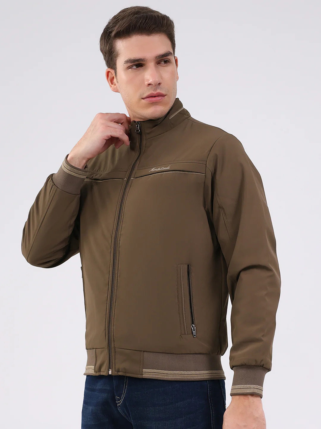 Men Brown Solid Mock Neck Full Sleeve Jacket - Image 3