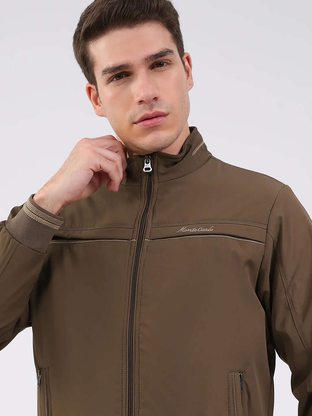 Men Brown Solid Mock Neck Full Sleeve Jacket - Image 7
