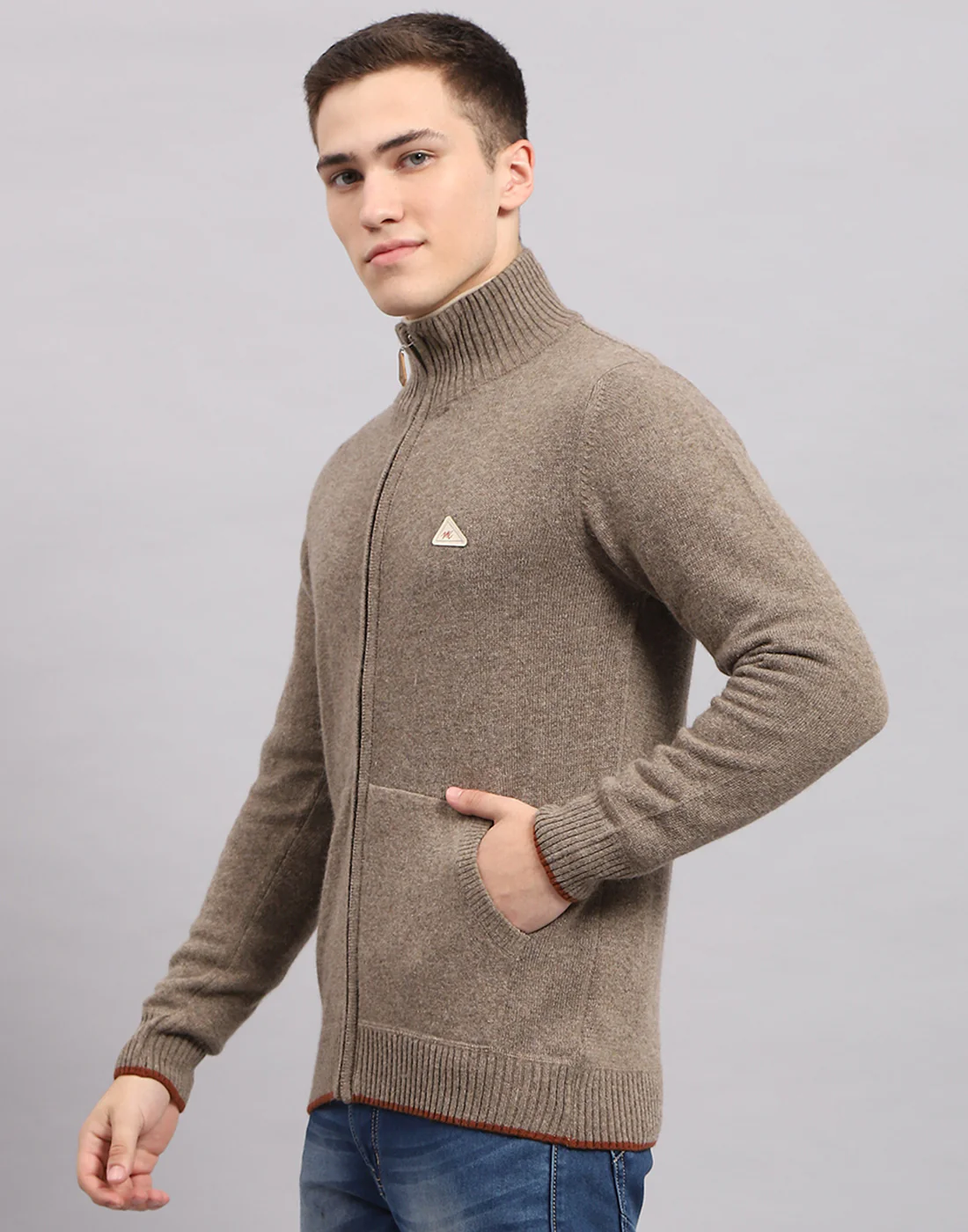 Men Brown Solid Mock Neck Full Sleeve Pullover - Image 3