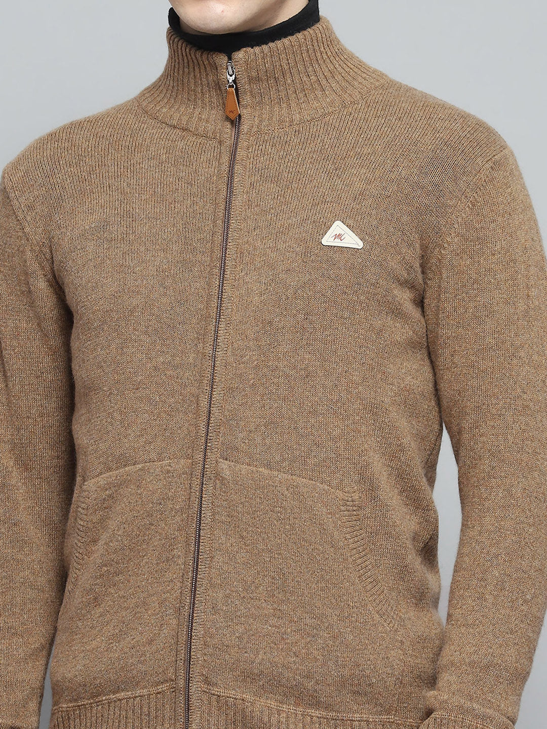 Men Brown Solid Mock Neck Full Sleeve Pullover - Image 6