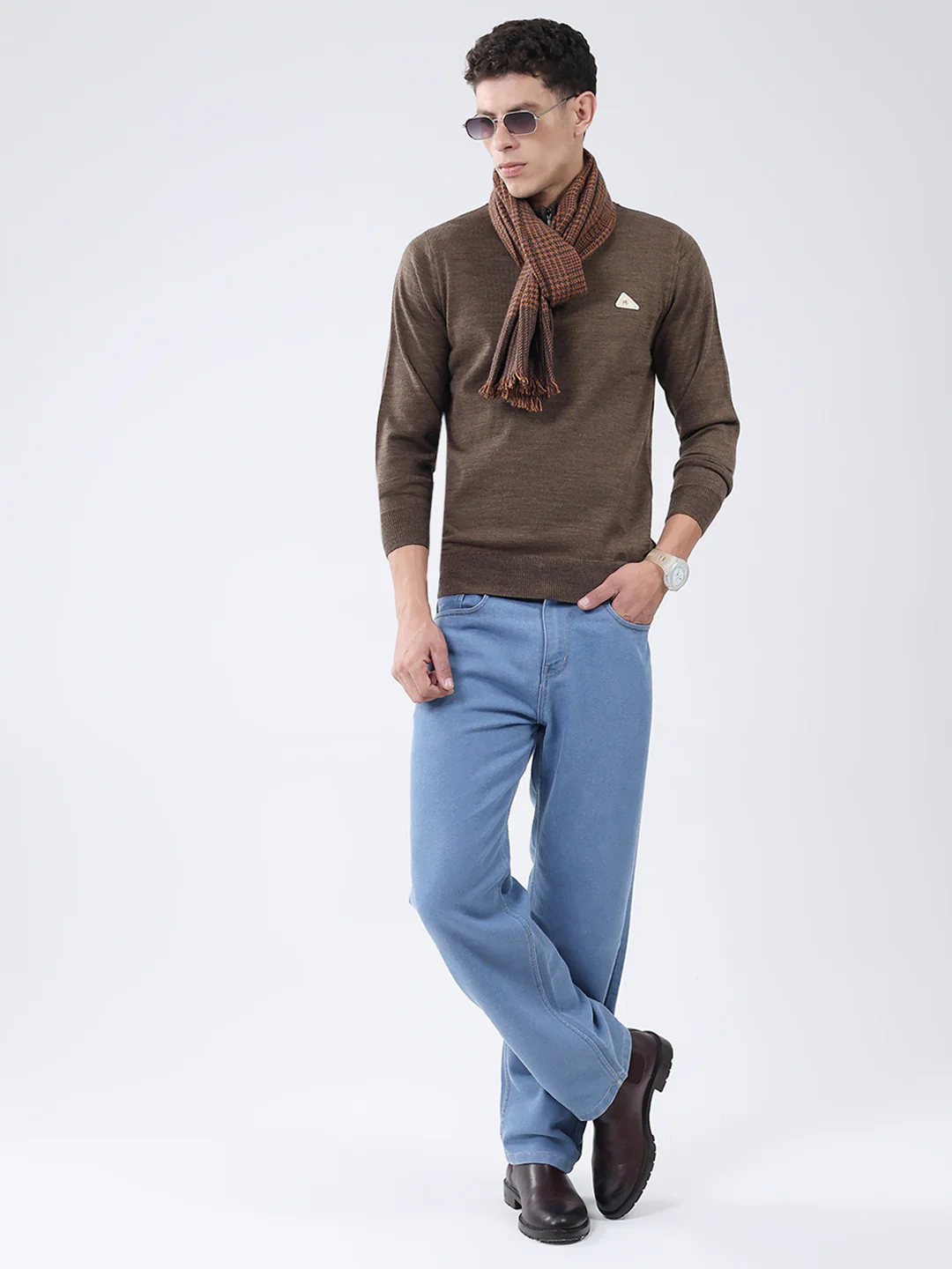 Men Brown Solid Mock Neck Full Sleeve Pullover - Image 2