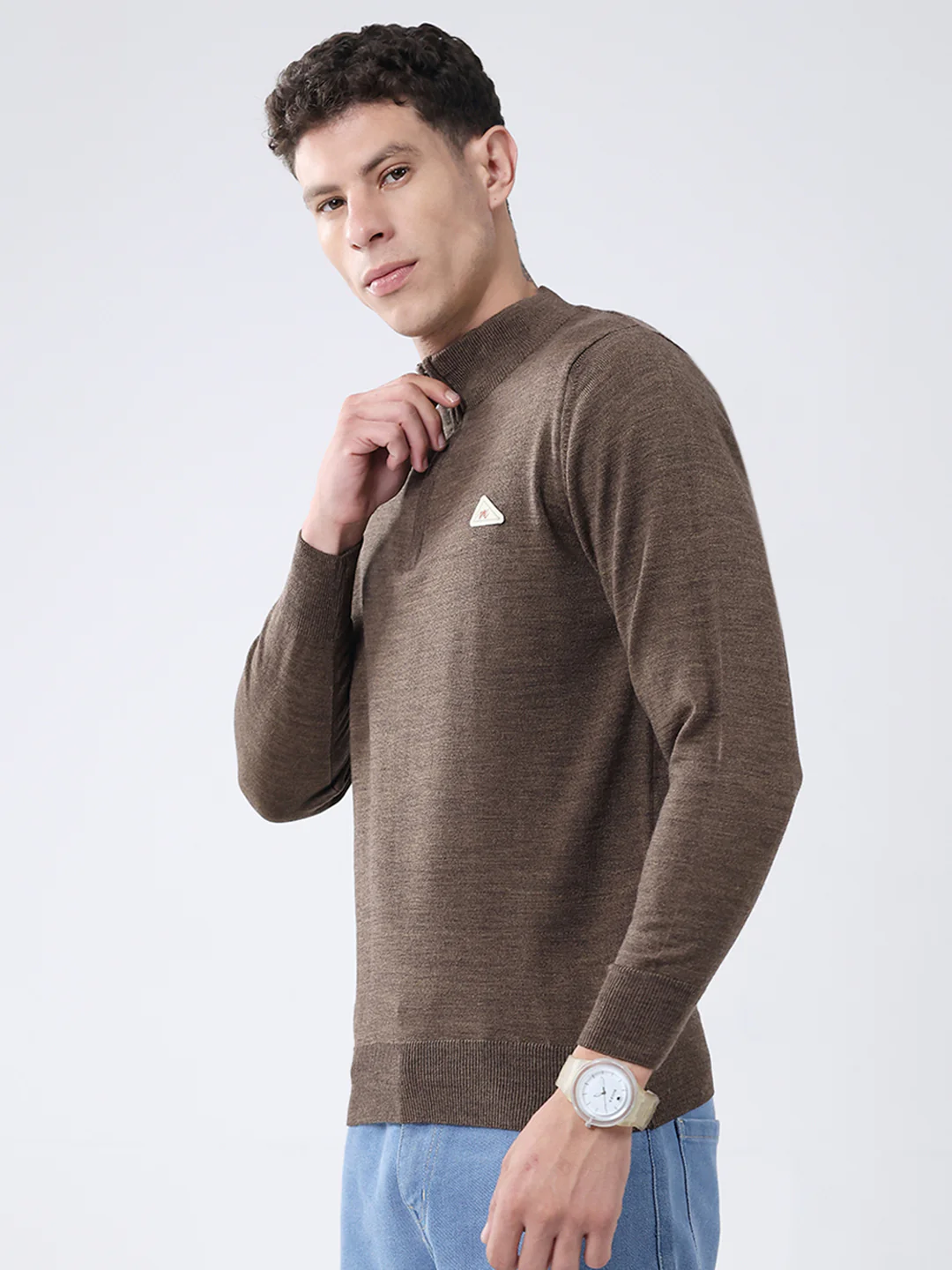 Men Brown Solid Mock Neck Full Sleeve Pullover - Image 3
