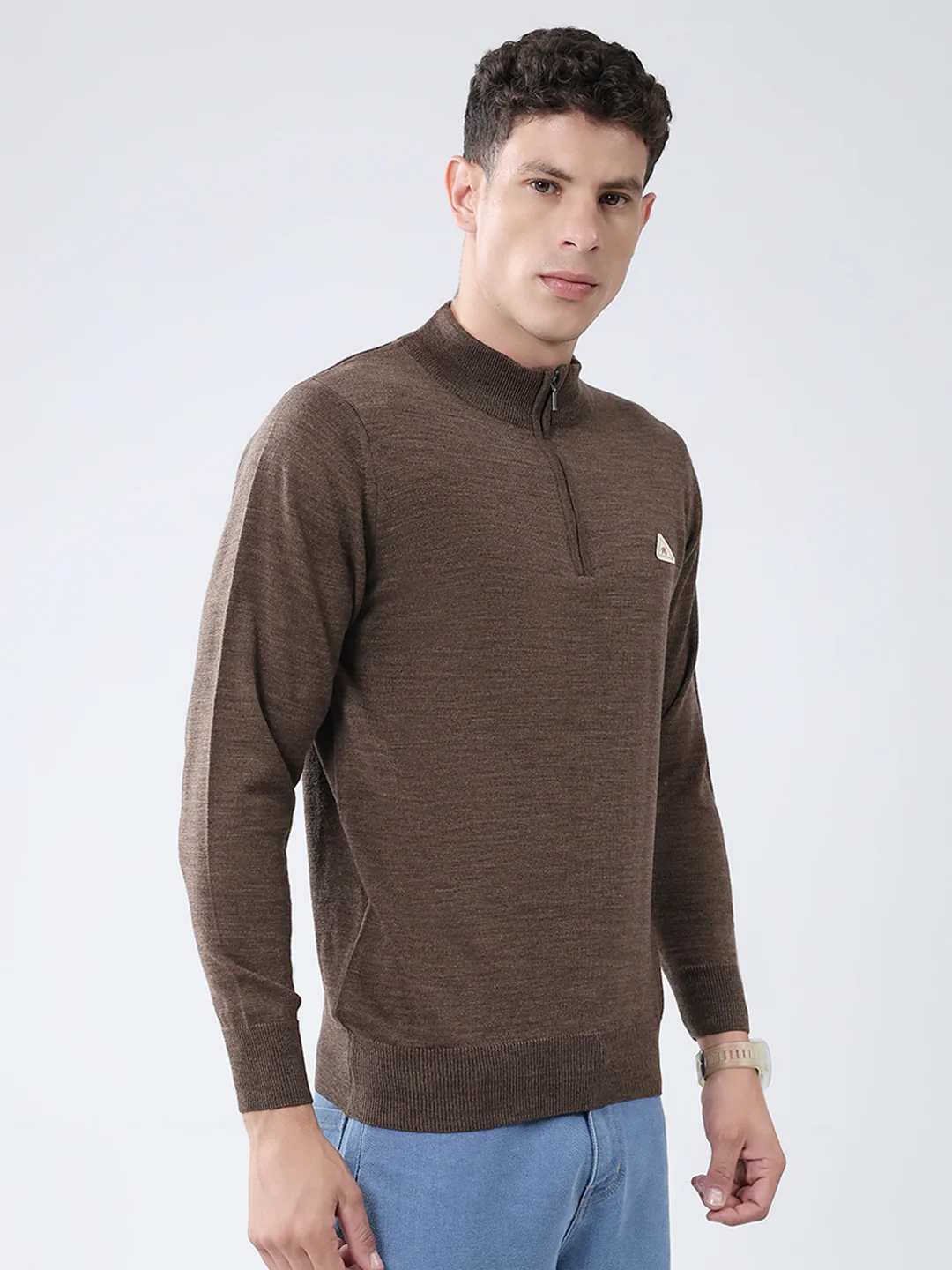 Men Brown Solid Mock Neck Full Sleeve Pullover - Image 4