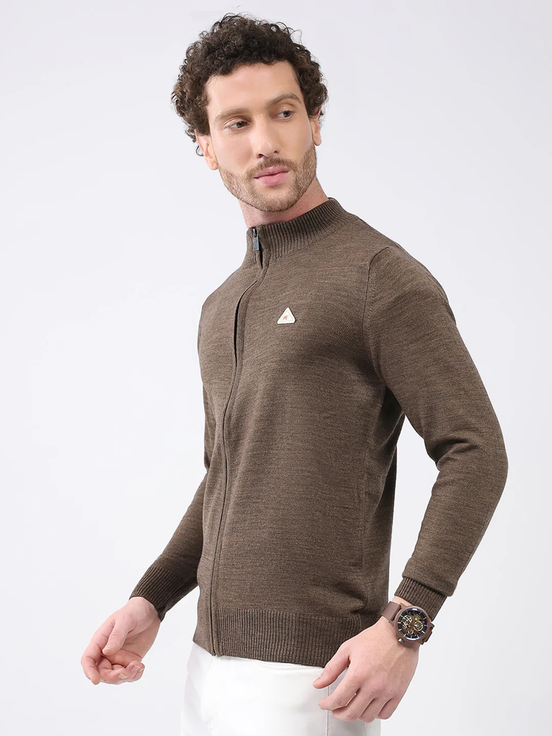 Men Brown Solid Mock Neck Full Sleeve Pullover - Image 3