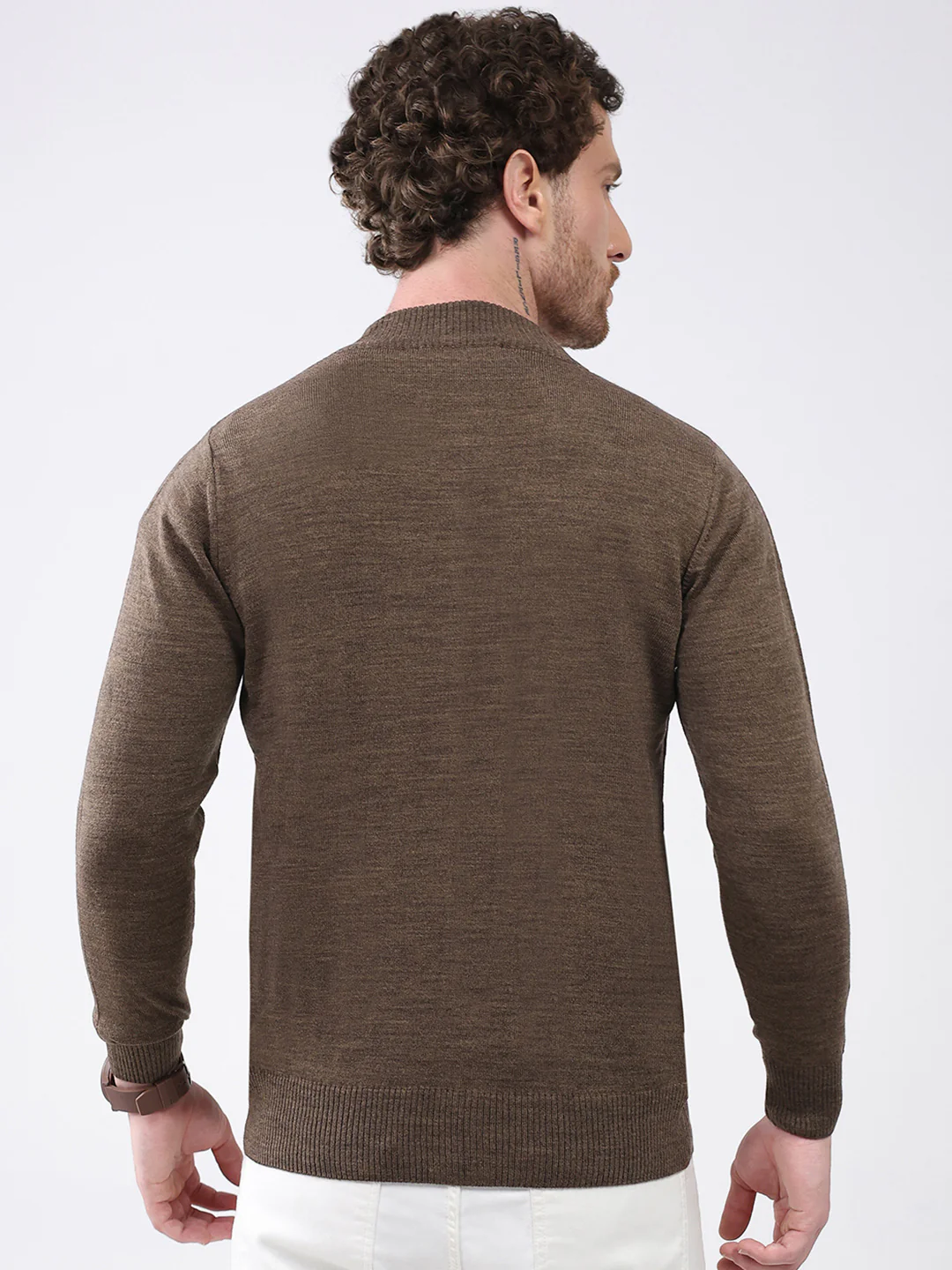 Men Brown Solid Mock Neck Full Sleeve Pullover - Image 5