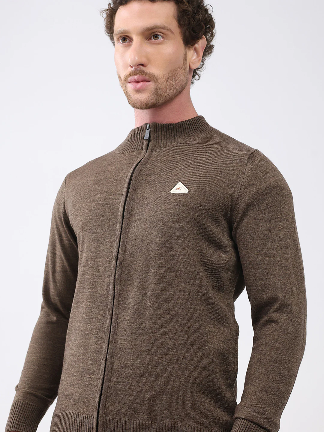 Men Brown Solid Mock Neck Full Sleeve Pullover - Image 6