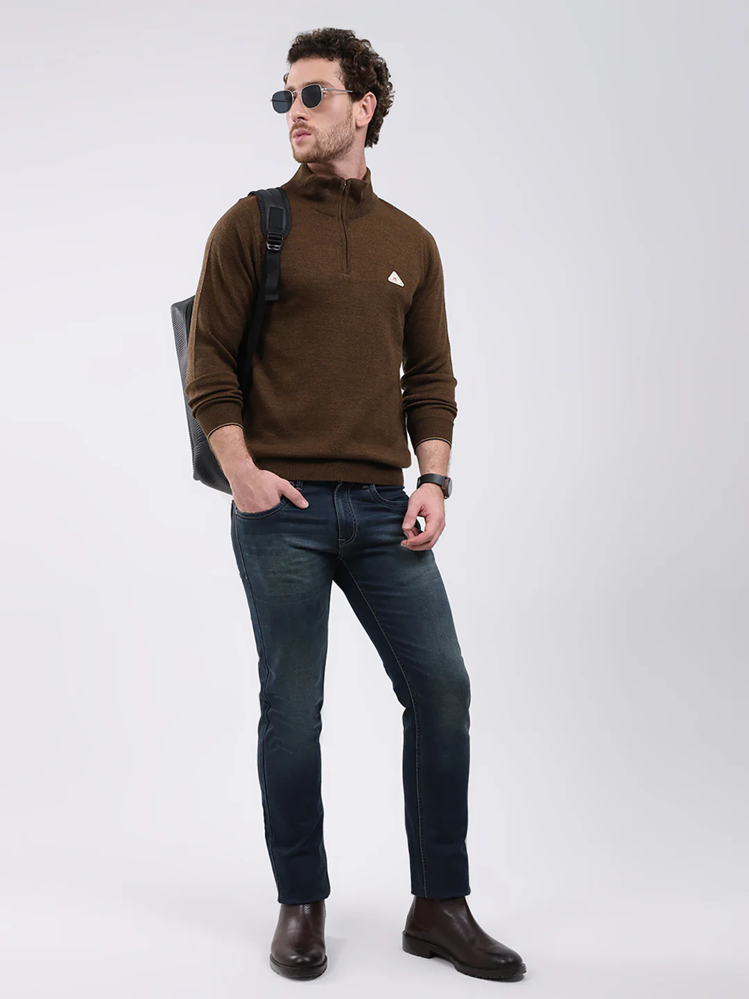 Men Brown Solid Mock Neck Full Sleeve Pullover - Image 2